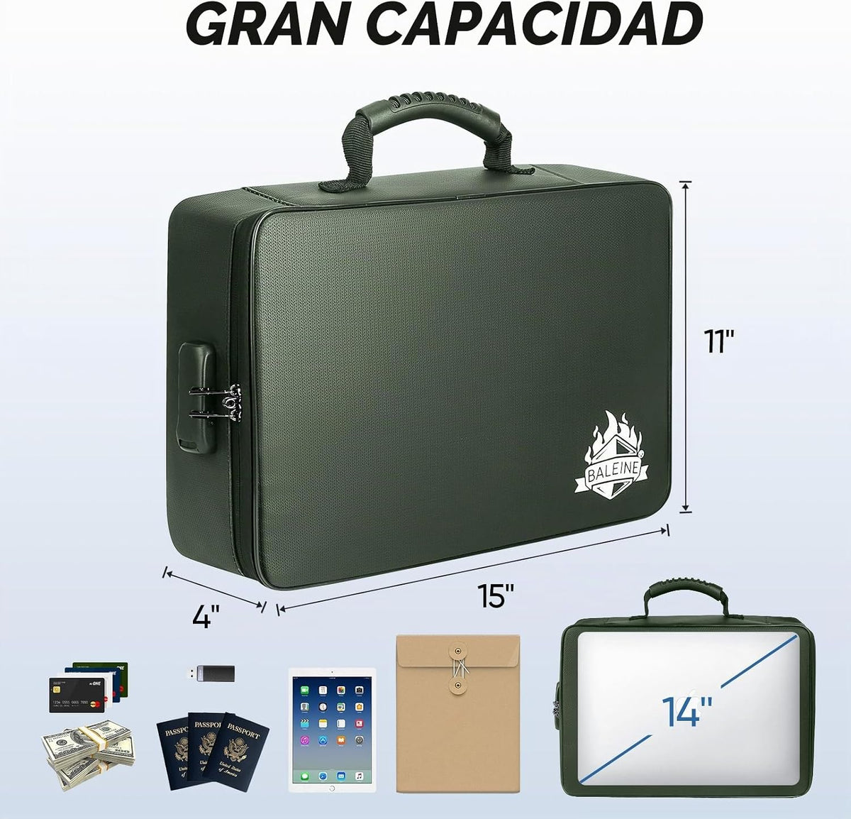 BALEINE - Caja de documentos ignífuga con cerradura, bolsa impermea...