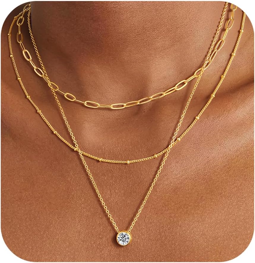 M MOOHAM Collares de oro en capas para mujer, chapado en oro de 14...