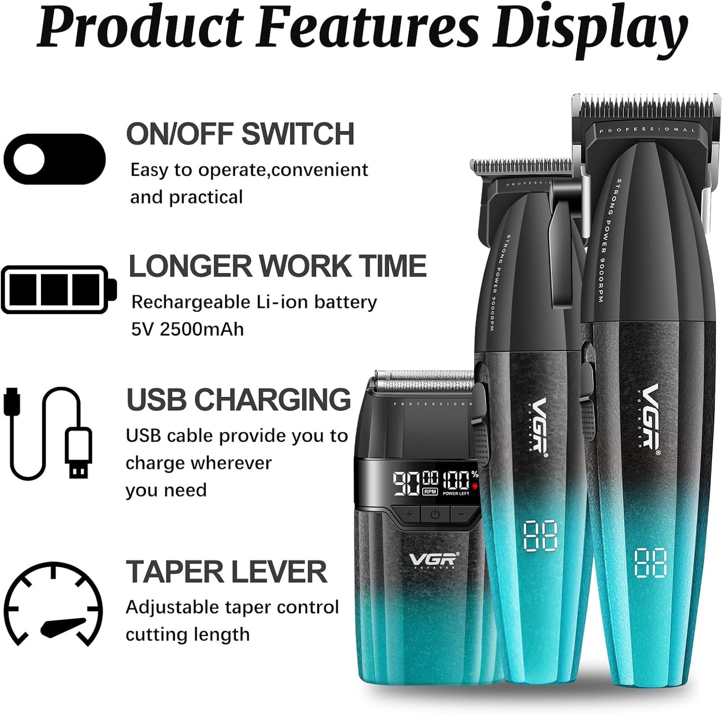 VGR 640S3 - Kit profesional de corte de cabello 3 en 1, 9000 rpm, c...