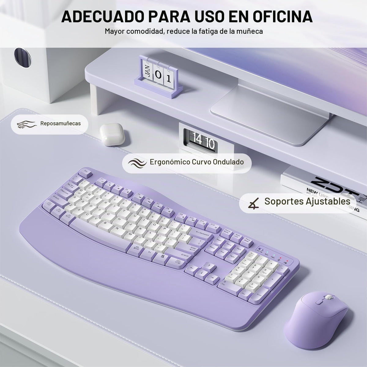 Combo de teclado y mouse inalámbricos, teclas onduladas de tamaño c...