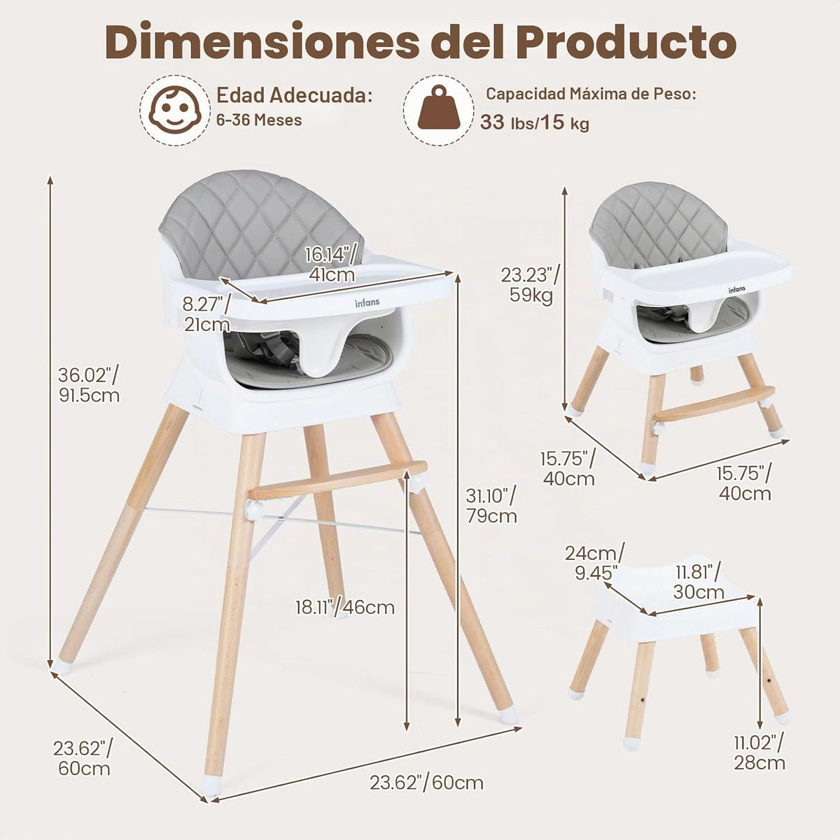 INFANS Silla alta para bebé, silla alta convertible de madera 6 en...