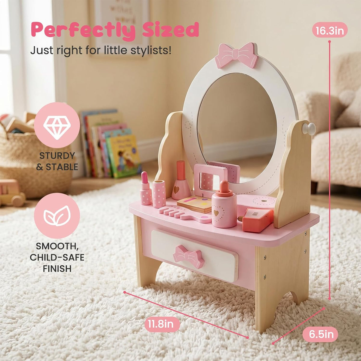 Juego de tocador de madera para niños, mesa de tocador de maquillaj...