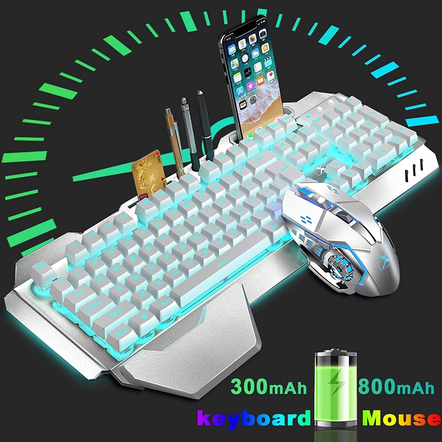 Teclado y ratón inalámbricos, teclado recargable con retroiluminaci...