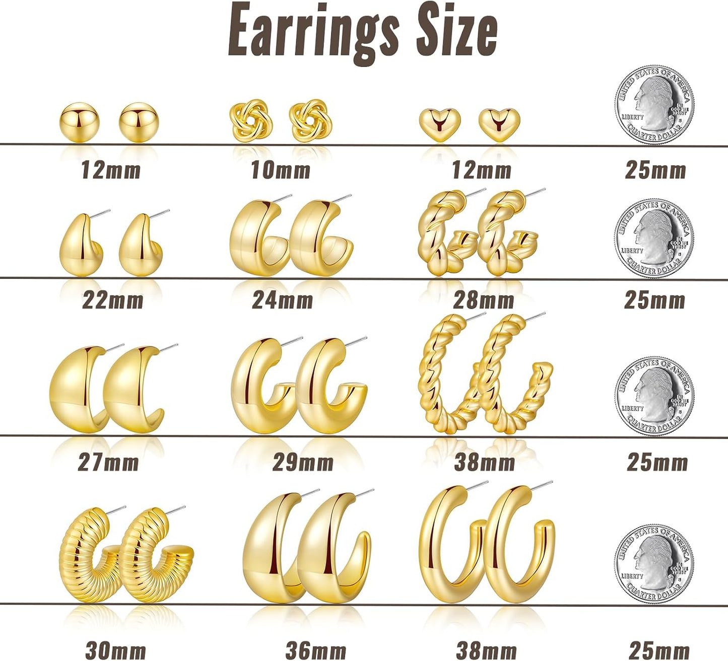 12 pares de aretes de aro gruesos de oro para mujer, modernos, chap...