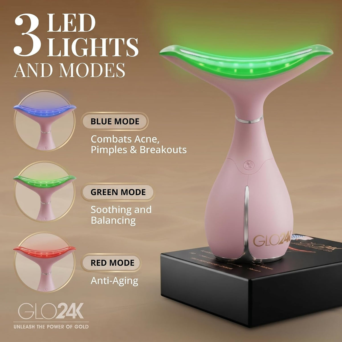 Masajeador facial LED GLO24K y varita para el cuello, herramienta p...
