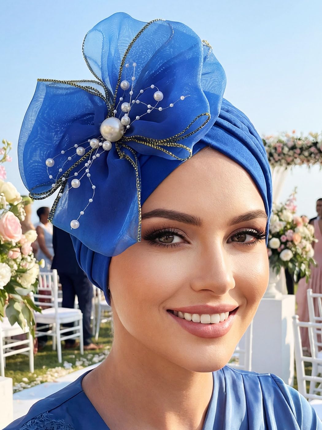Bohend Gorro con nudo de flor grande, perlas de perlas, turbantes p...