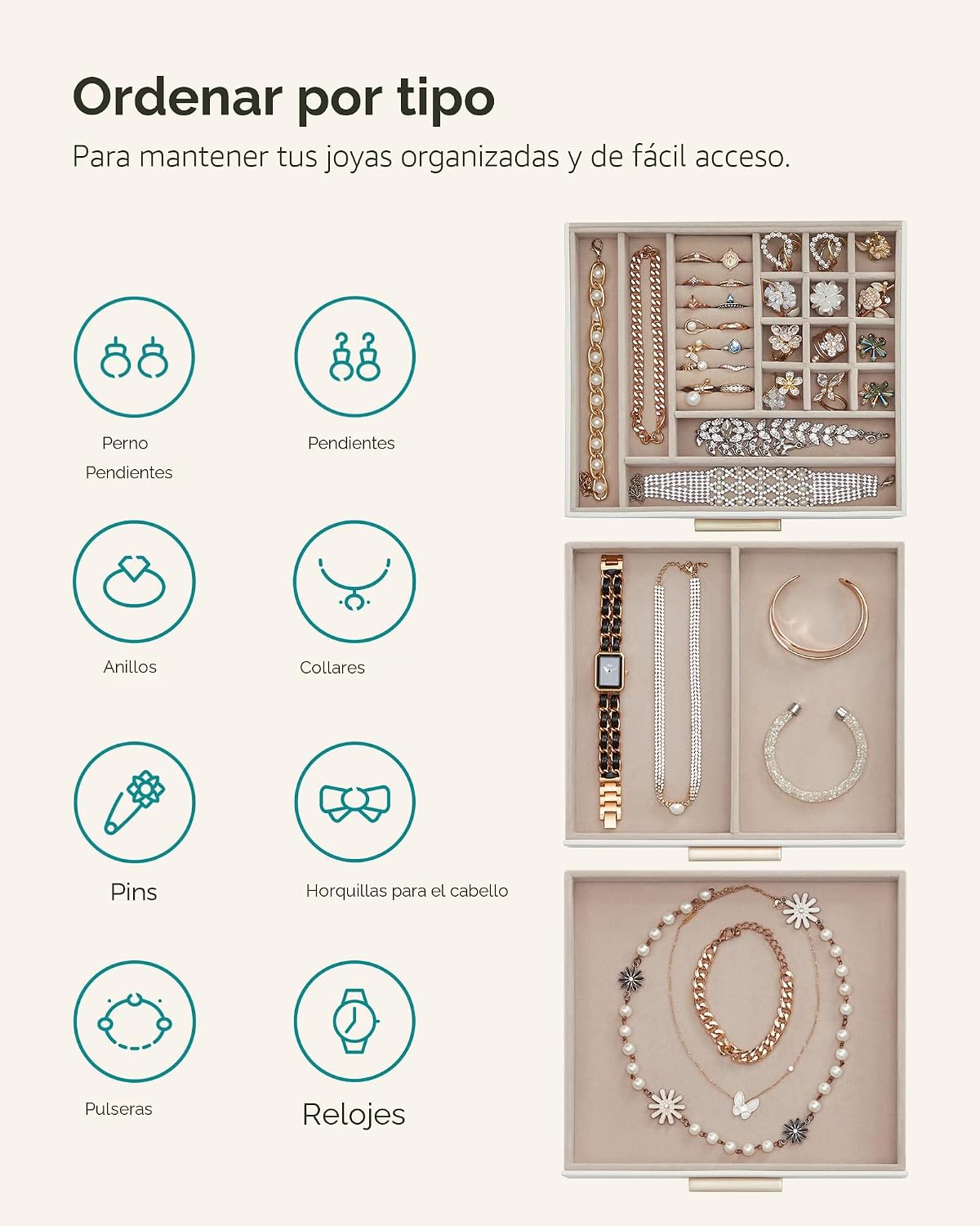 SONGMICS GISELLA Collection UJBC239WT - Joyero organizador con tapa...