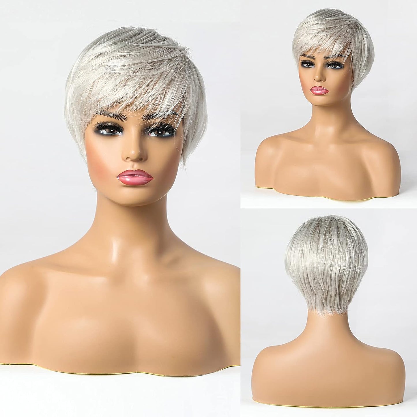 EMMOR Pelucas cortas de mezcla de cabello humano gris plateado para...