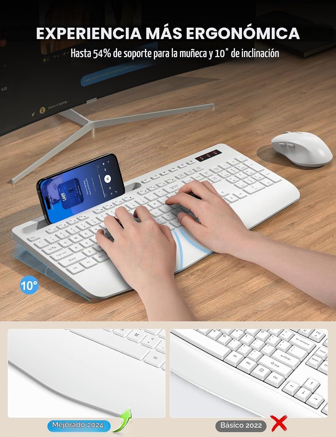 Combo de teclado y mouse inalámbricos, reposamuñecas ergonómico de...
