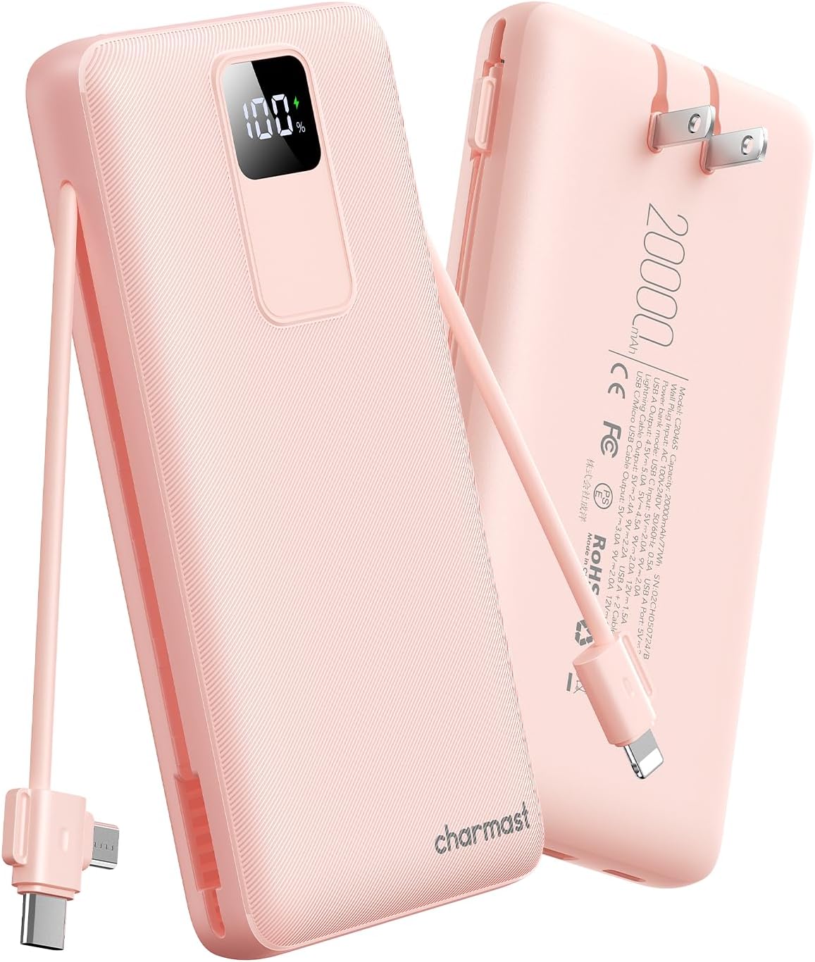 charmast Cargador portátil de 20000 mAh con cables incorporados y e...