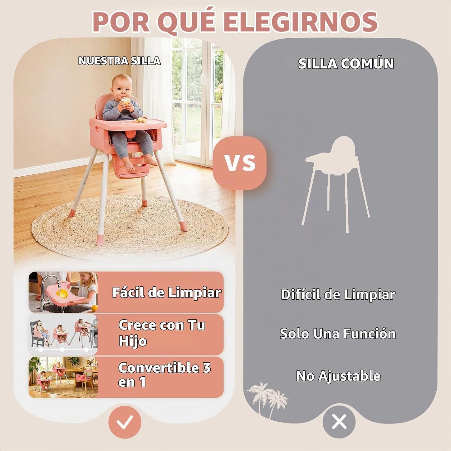 Silla alta 3 en 1 para bebés y niños pequeños, asiento y comedor de...
