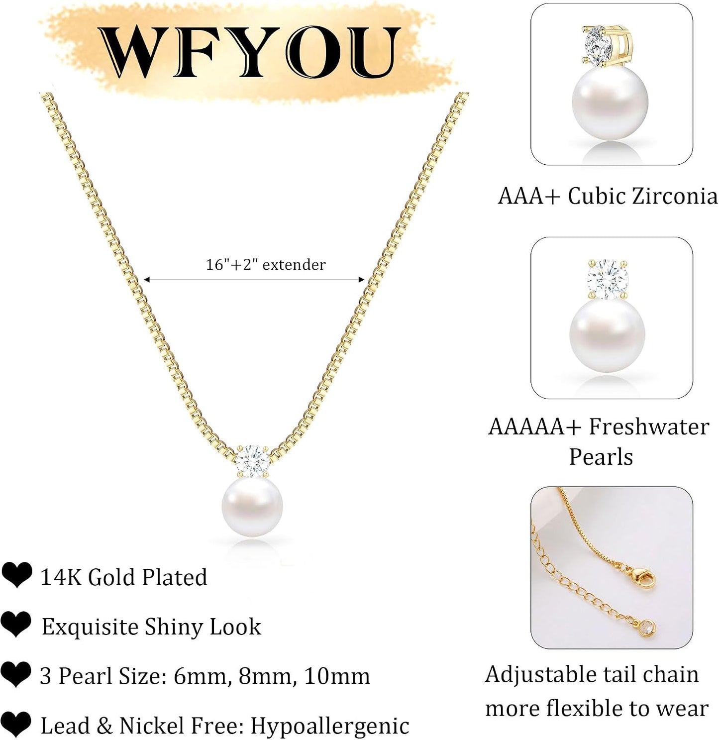 WFYOU Collares de perlas para mujer, collar de perlas redondas de a...