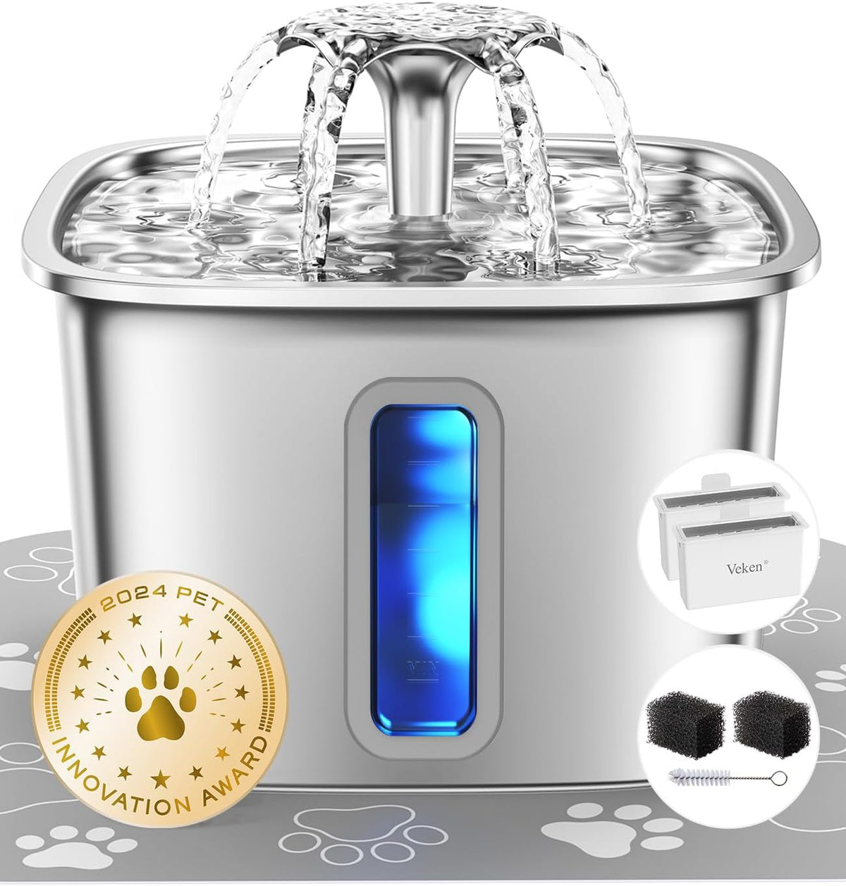 Veken Fuente de agua para gatos de acero inoxidable ganadora del pr...
