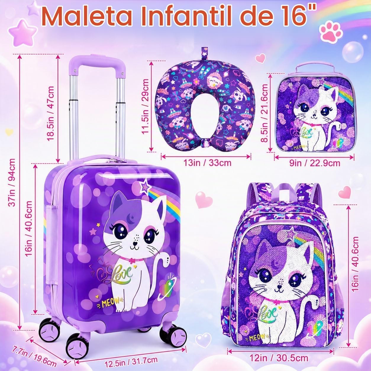 Juego de 5 maletas para niños, aprobado por aerolíneas con ruedas g...