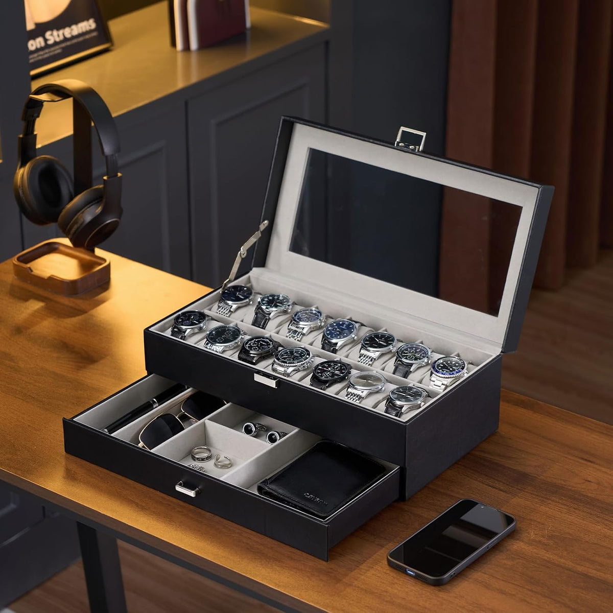 ProCase Caja de reloj, caja de reloj para hombre de 14 ranuras con...