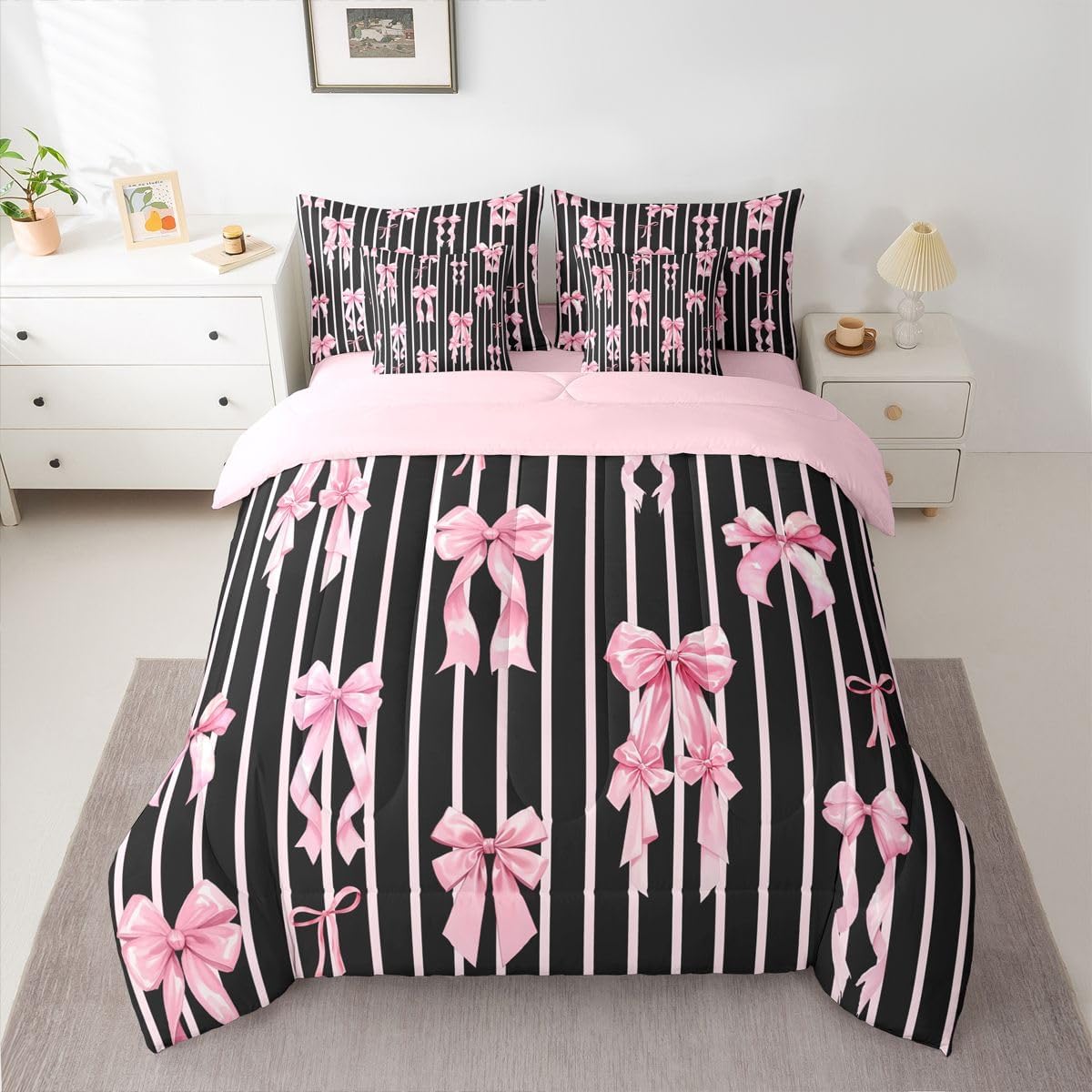 Erosebridal Juego de edredón de 7 piezas con lazos de cinta rosa y...