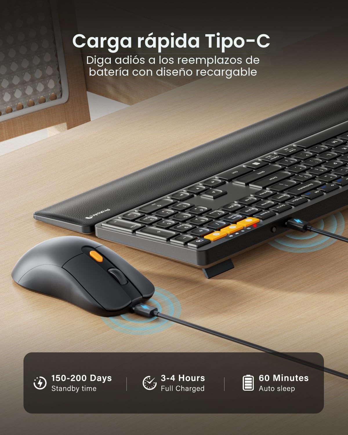 ProtoArc Combo de teclado y mouse Bluetooth, KM60 Bluetooth + USB m...