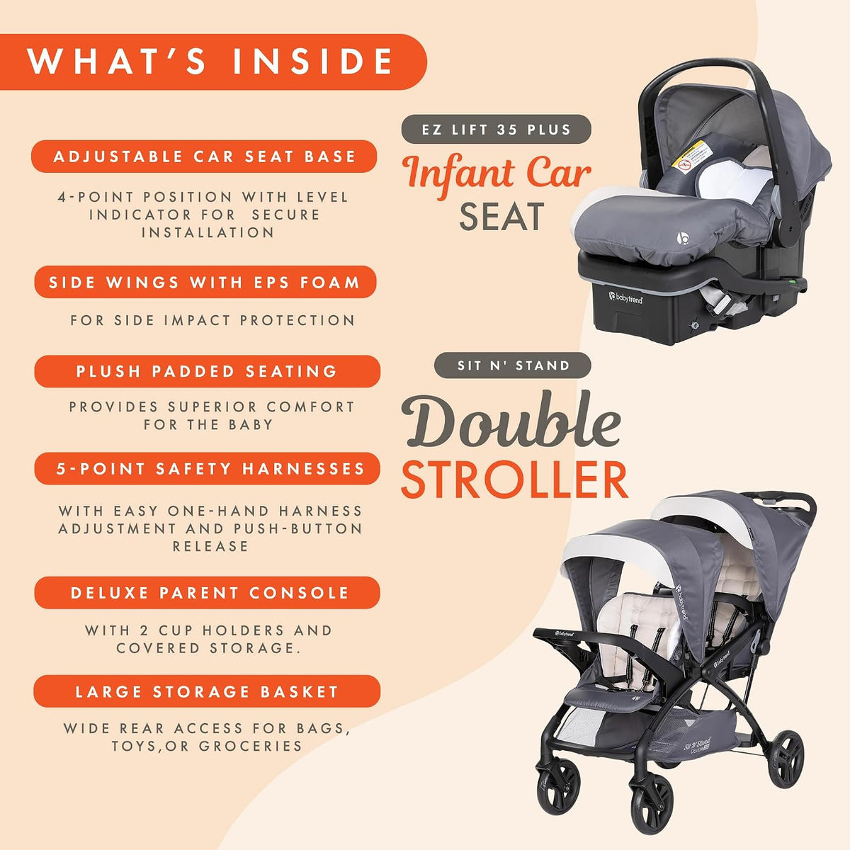 Baby Trend Sit N' Stand Cochecito doble tándem con 2 asientos d...