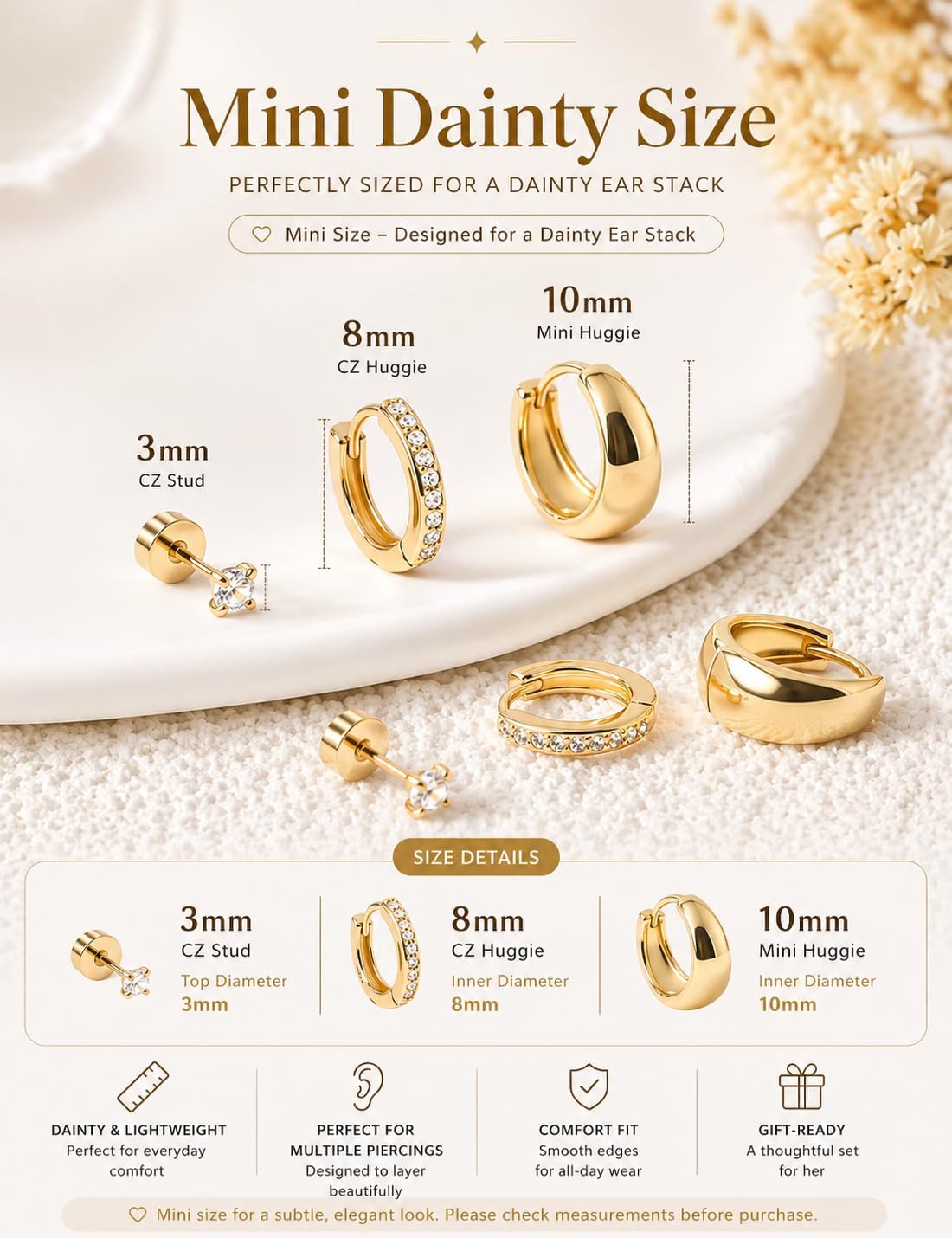 Styleeary Aretes de oro para mujer, pequeños y gruesos, chapados en...
