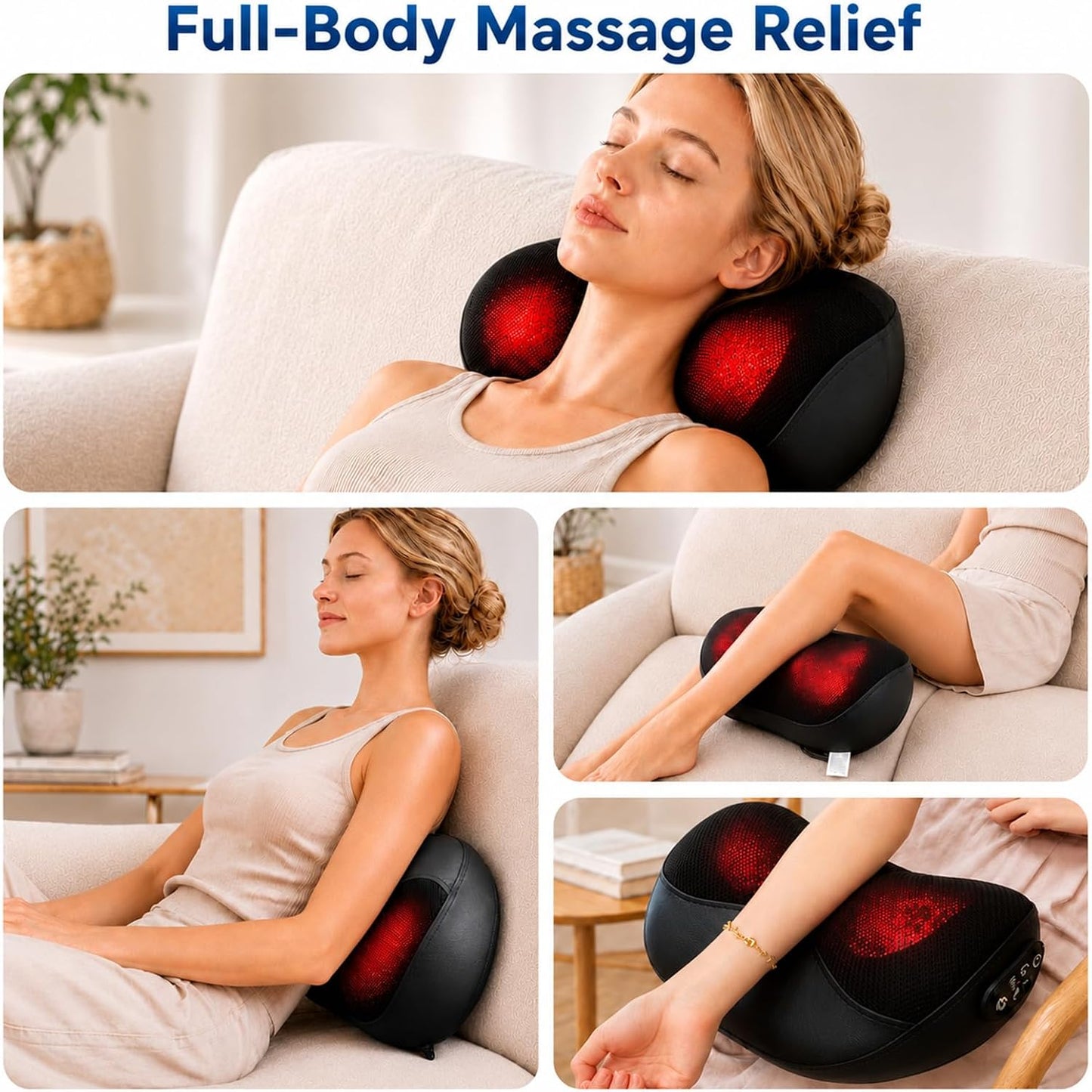 Masajeador de cuello con calor, almohada de amasado 3D inalámbrica...