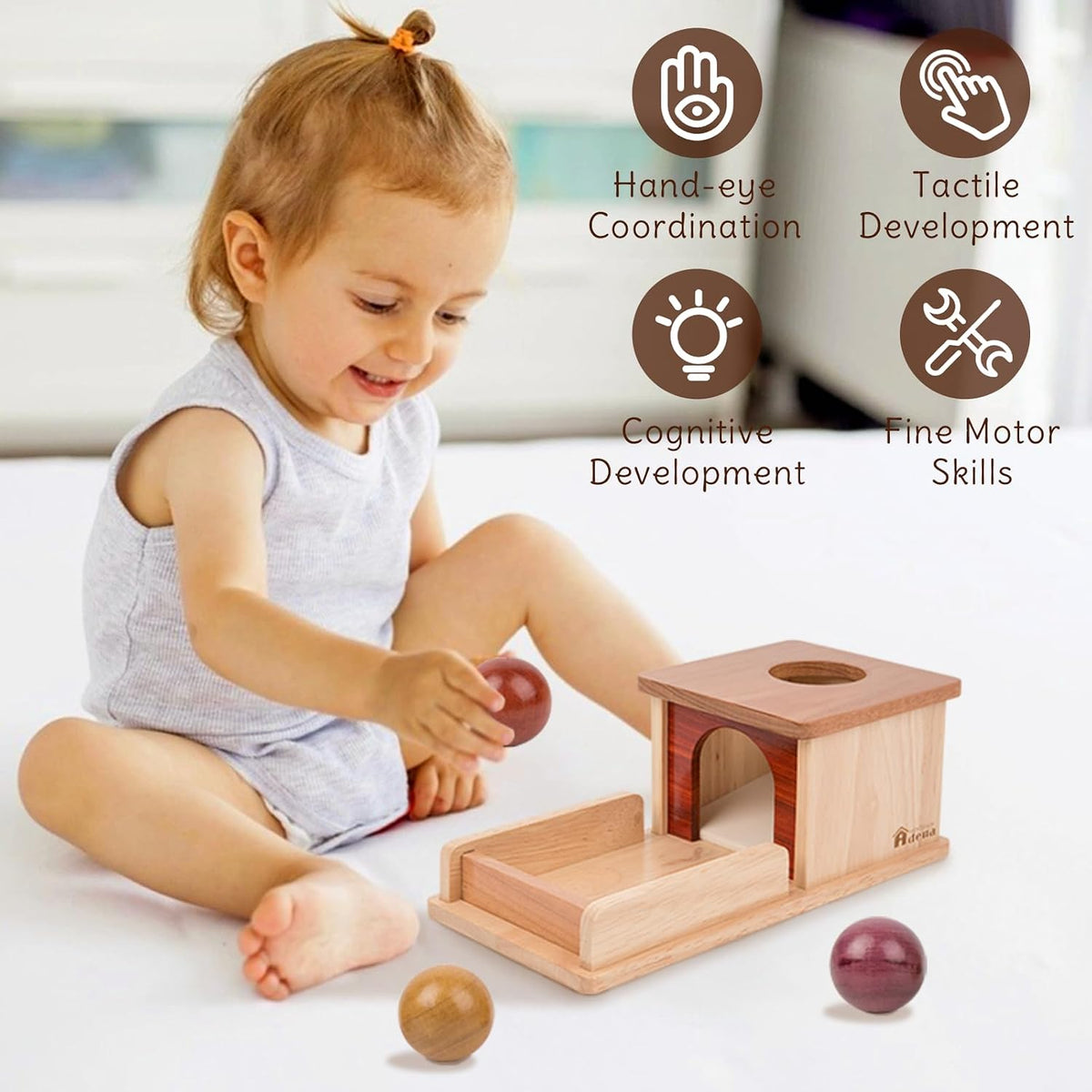 Adena Montessori Caja de permanencia de objetos, 3 bolas de madera,...