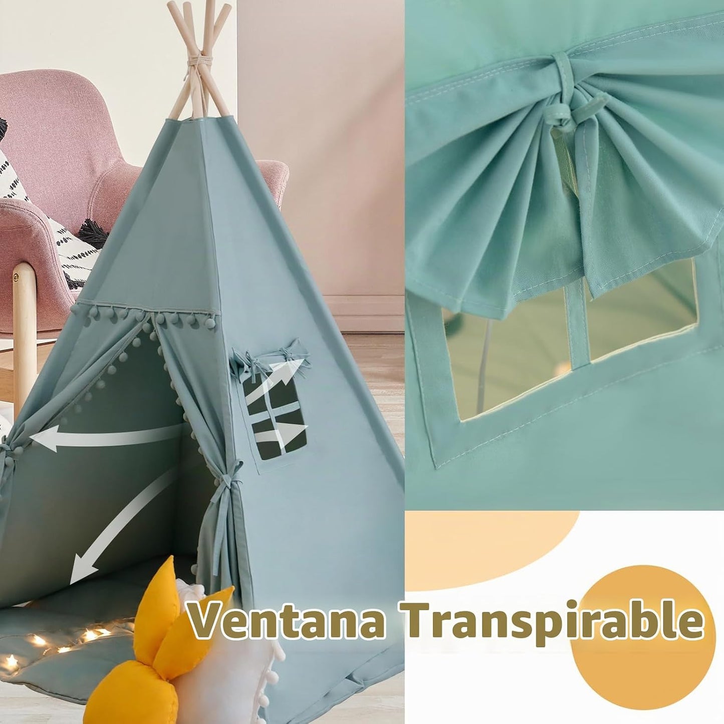 RONGFA Tienda de campaña tipo tipi para niños con alfombrilla, luce...