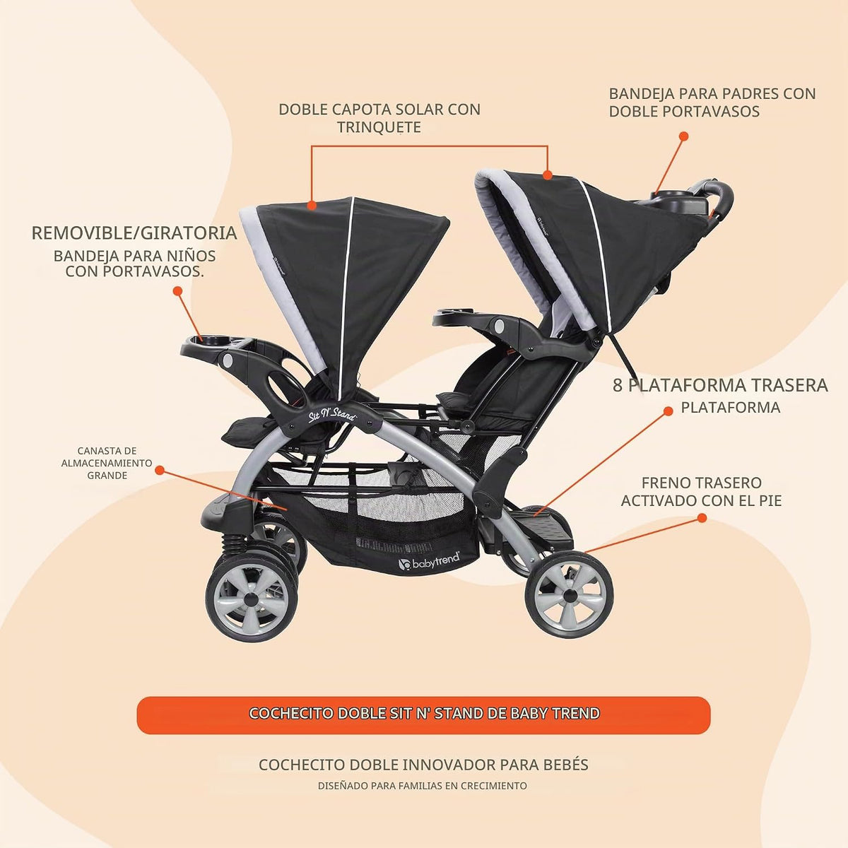 Cochecito doble para bebés y niños pequeños Baby Trend con arnés y...