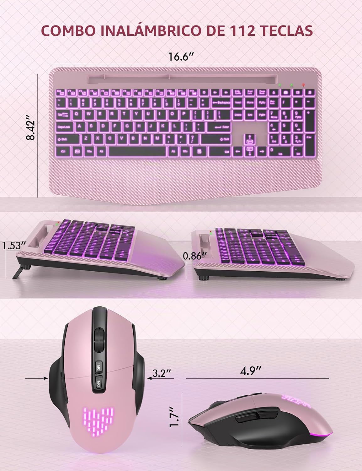 Teclado y Mouse Inalámbricos con Retroiluminación, Reposamuñecas, M...