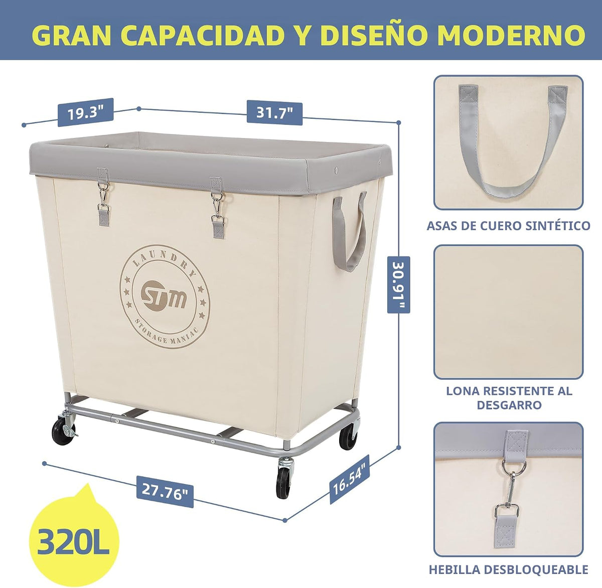 STORAGE MANIAC Cesto de lavandería comercial con marco de acero res...
