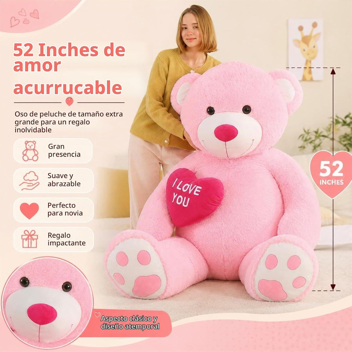 BENINY Oso de peluche gigante rosa de 52 pulgadas con corazón, pelu...