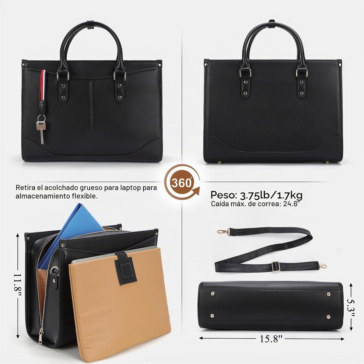 Masa Kawa Bolso de mano de cuero negro para computadora portátil de...