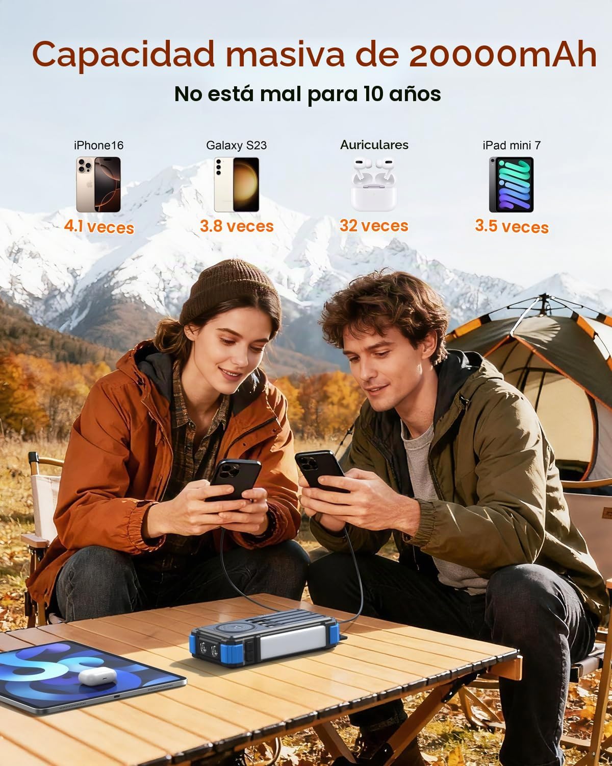 BLAVOR Banco de energía solar con manivela y 4 cables, cargador por...