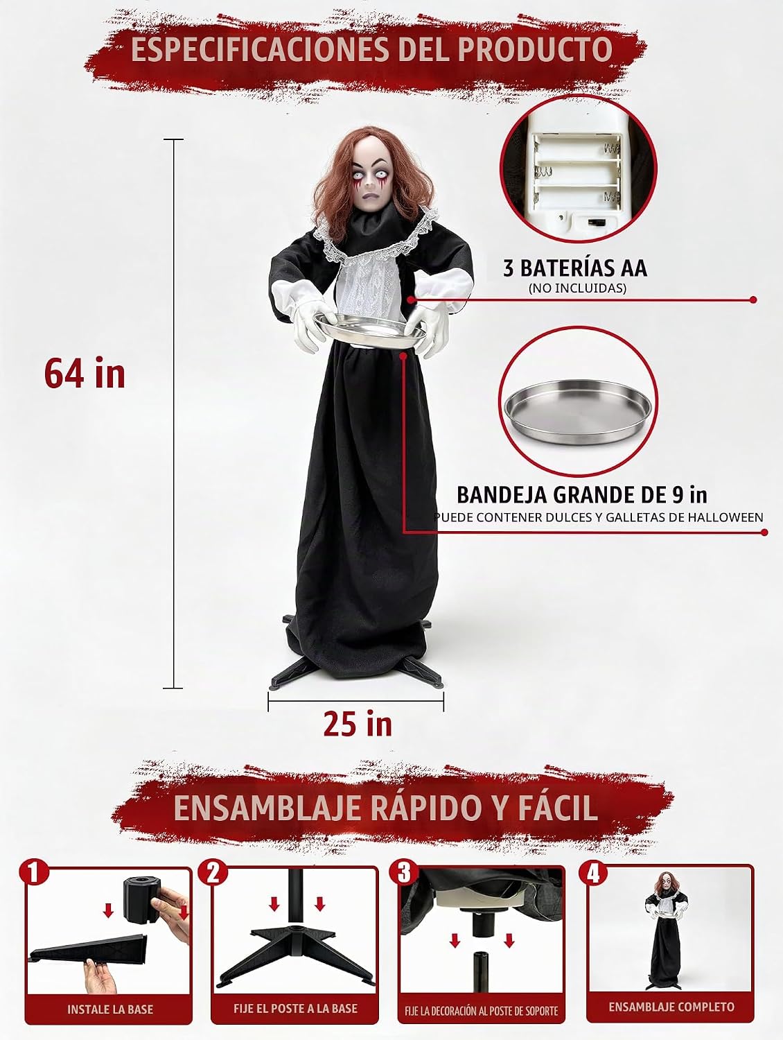 Animatronics de Halloween de 5,3 pies, decoración de mucama que dej...