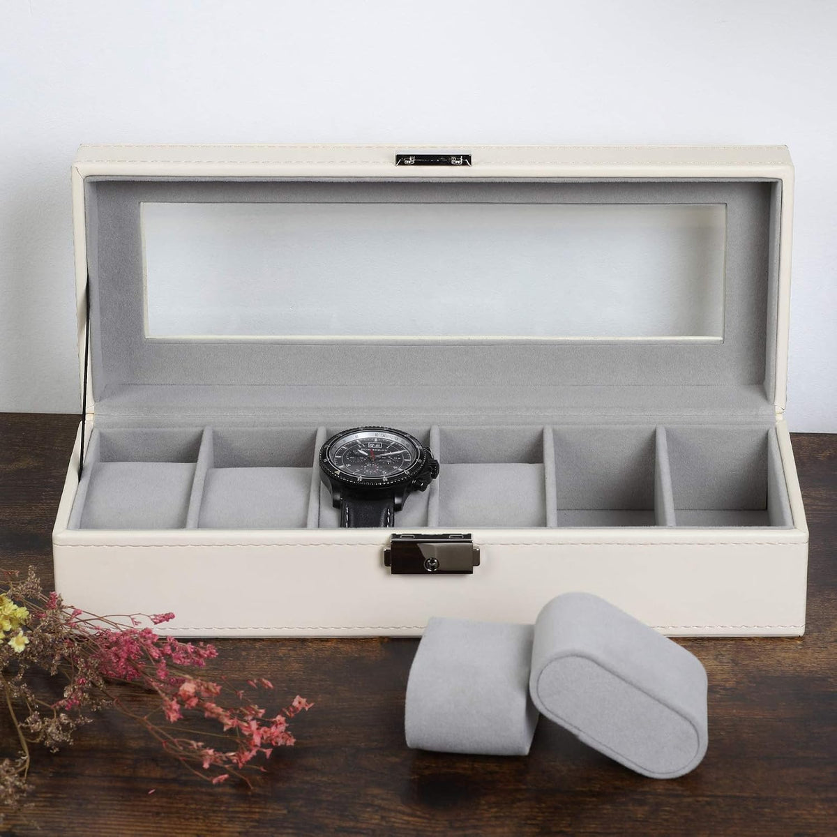 NEX Caja de reloj, caja organizadora de reloj de cuero con 6 ranura...
