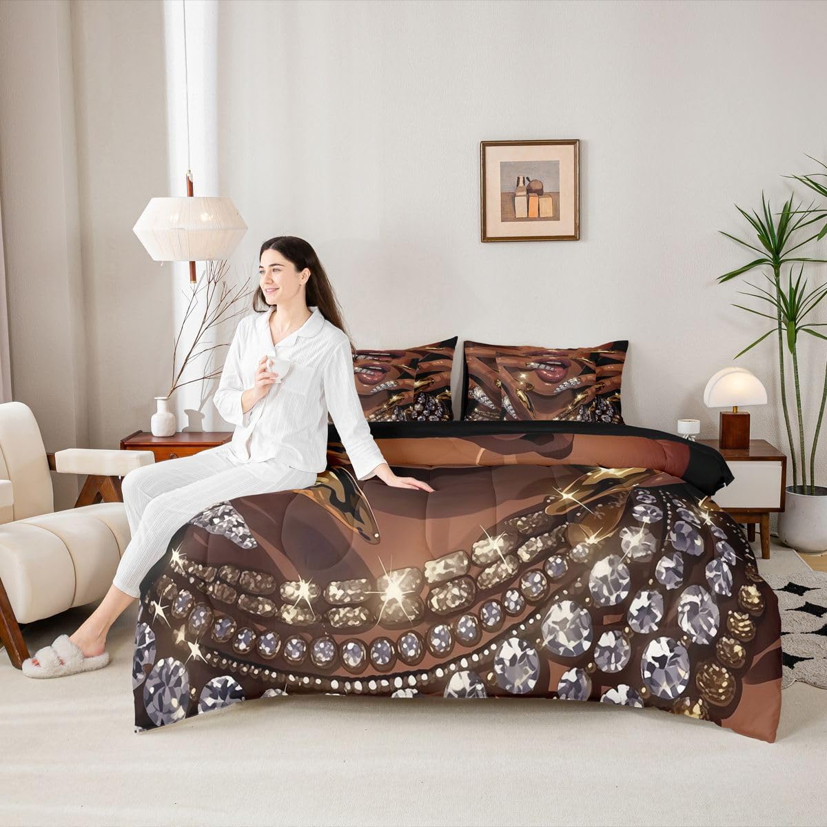 Erosebridal Juego de edredón de 7 piezas para mujer negra, cama Que...