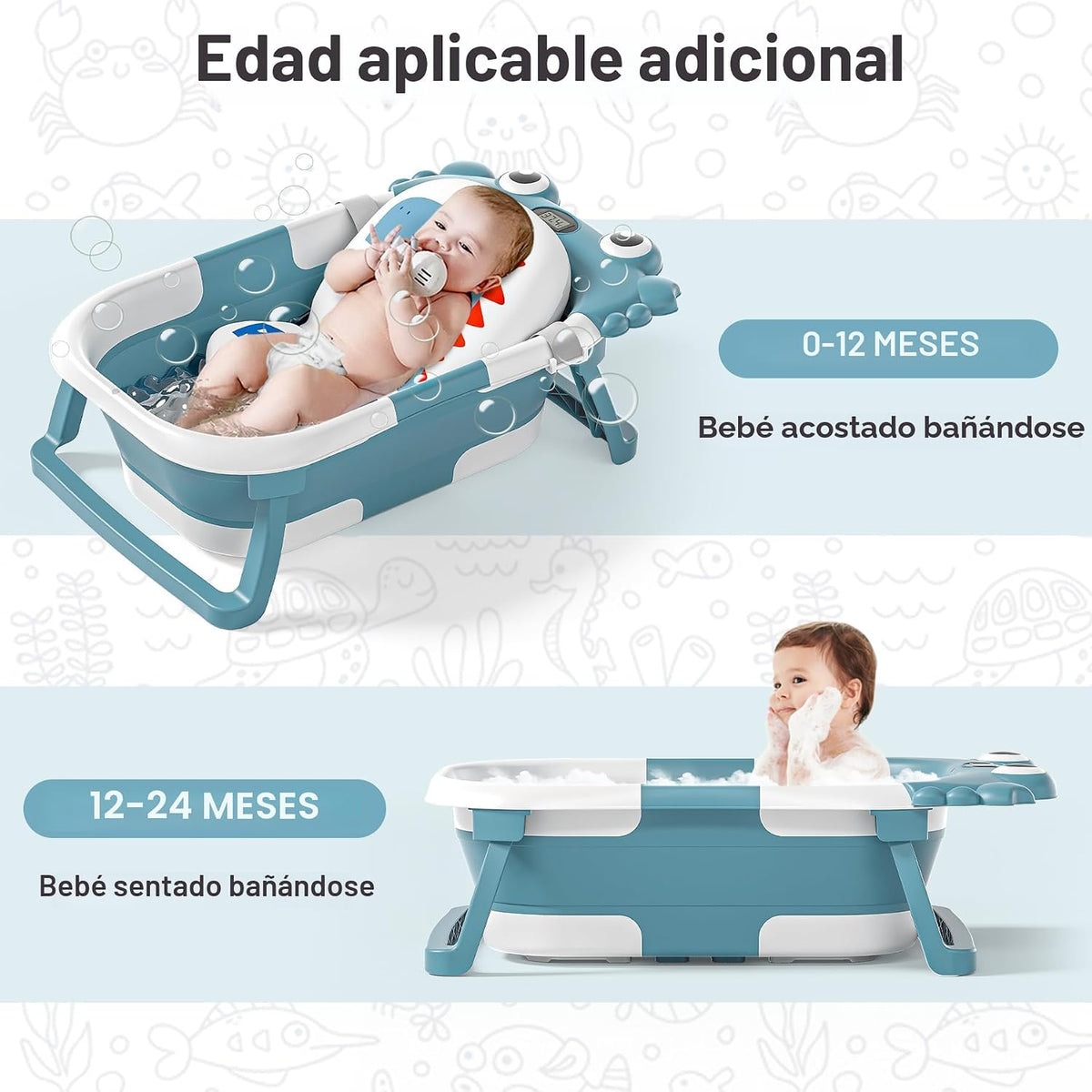 Bañera plegable para bebés recién nacidos con termómetro y almohadi...