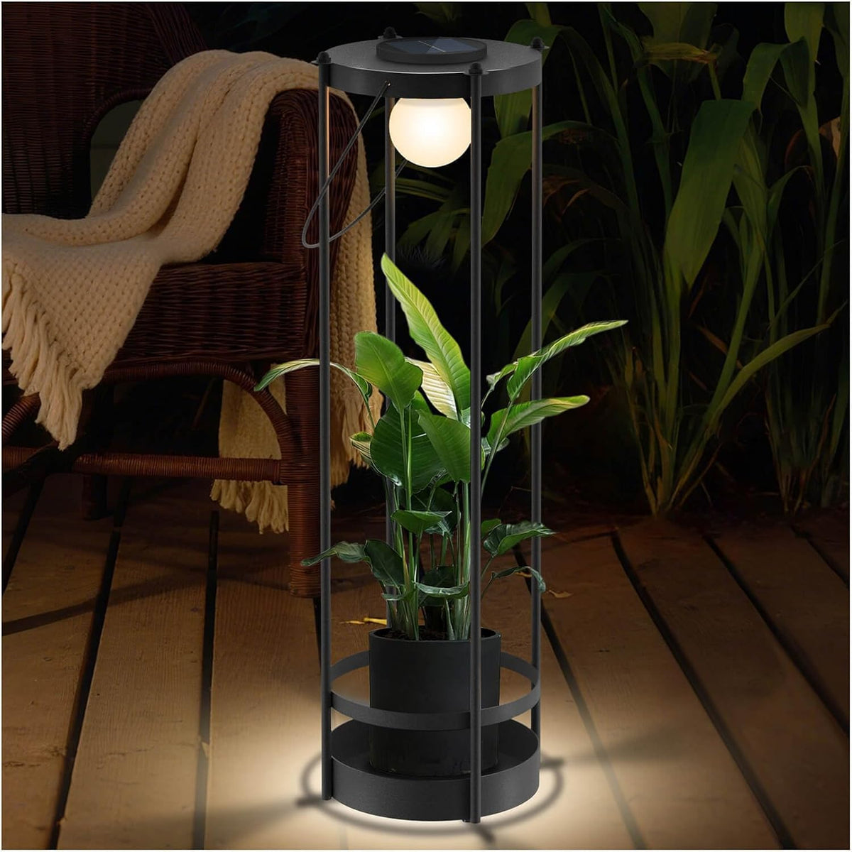 Lámpara de pie solar para exteriores con soporte para plantas 2 en...