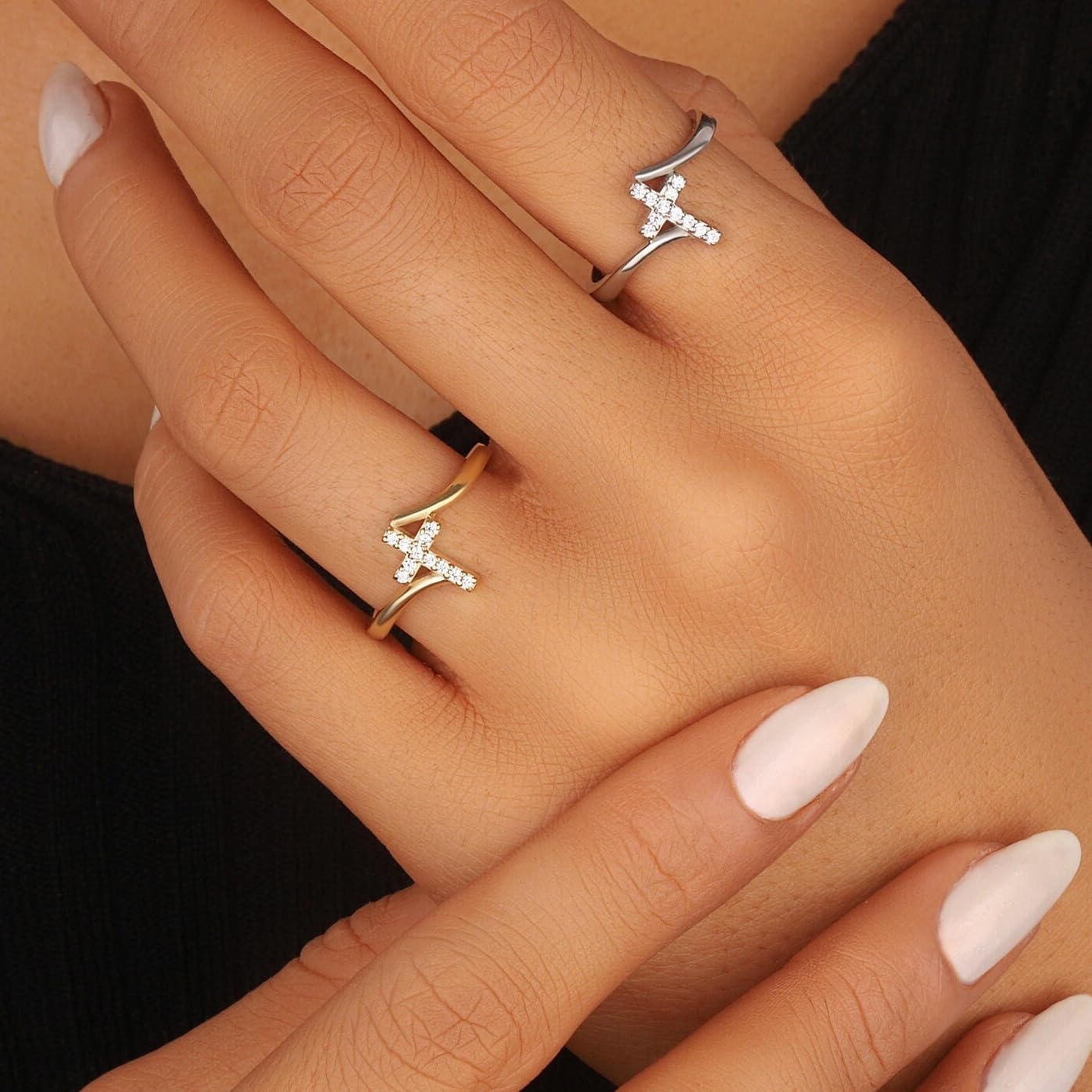 Punhem Anillos de oro con cruz para mujer, oro de 14 quilates, tono...