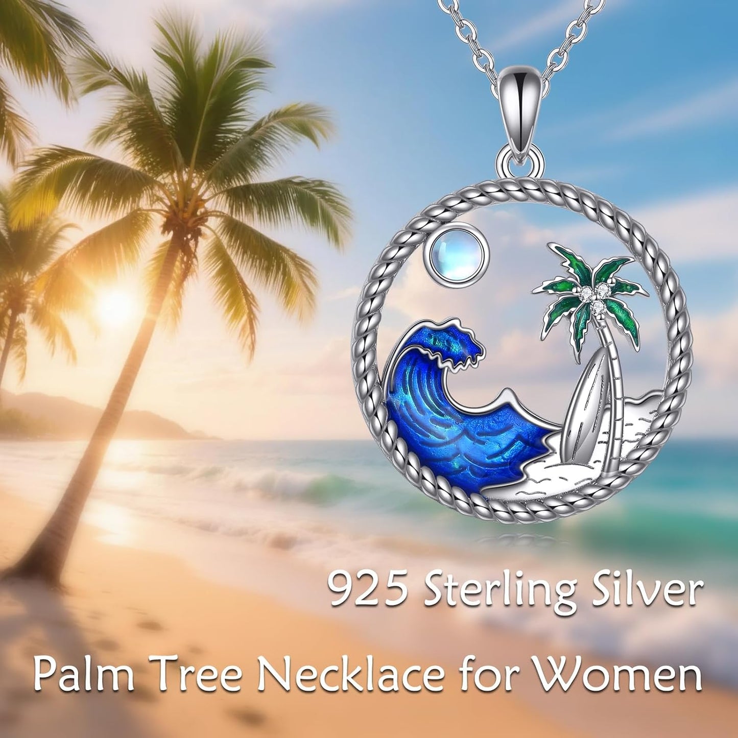 YAFEINI Collar de playa de plata de ley 925 con piedra lunar y palm...