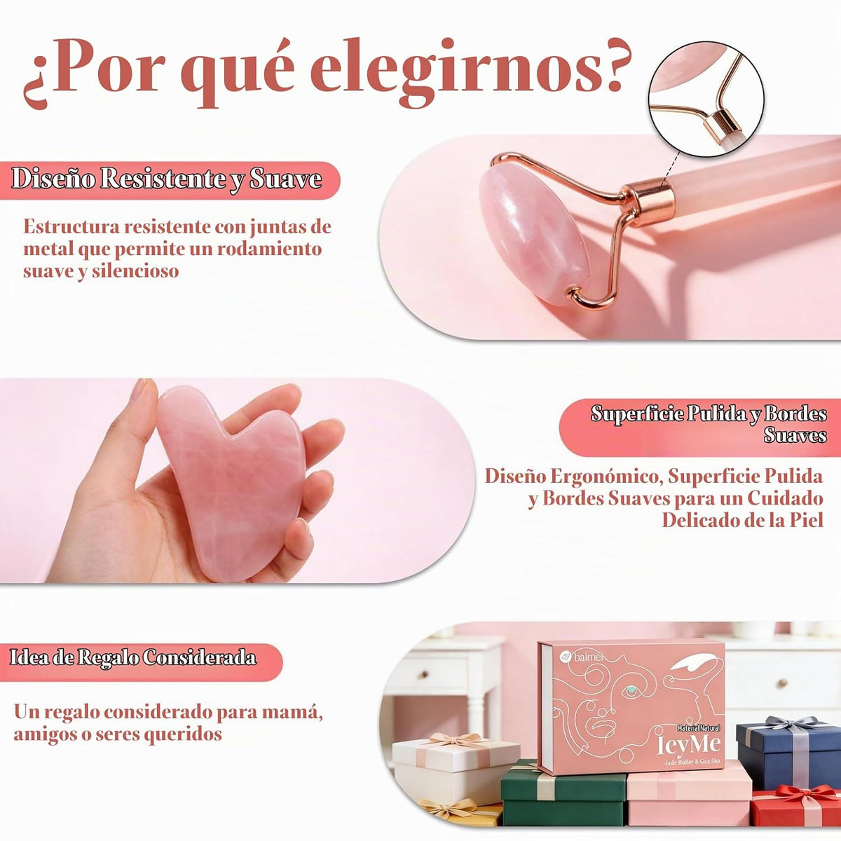 BAIMEI IcyMe - Juego de rodillos de cuarzo rosa y herramientas faci...