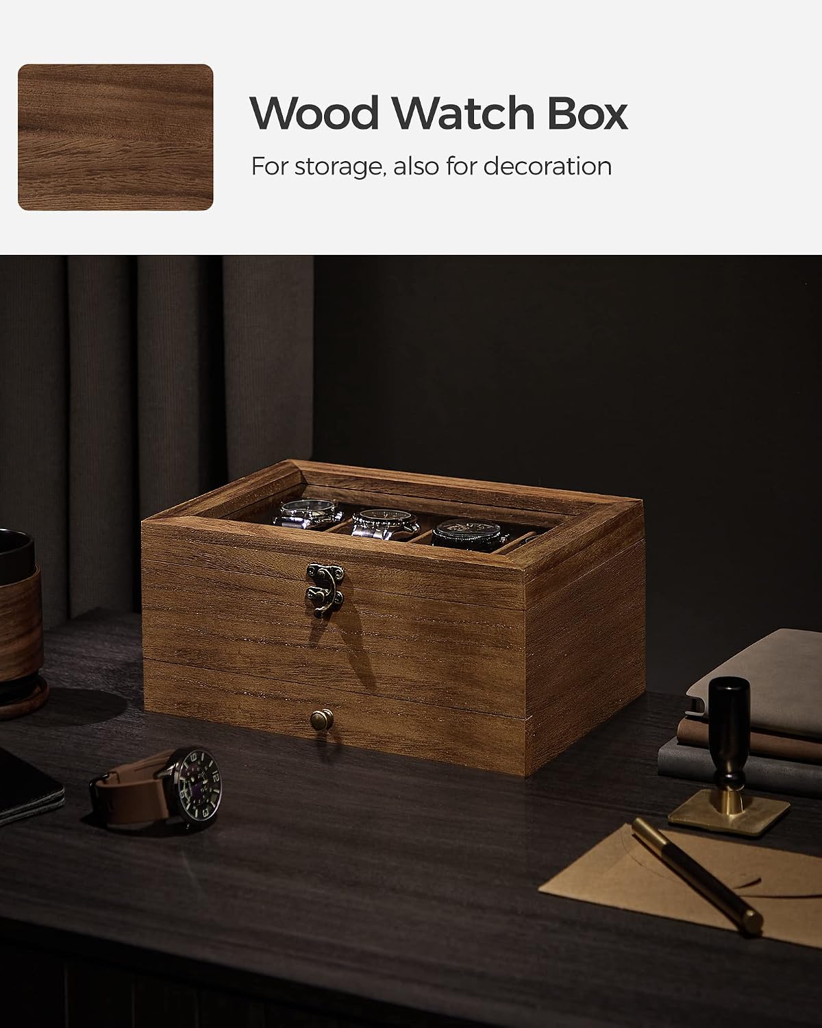 SONGMICS Caja de reloj de madera de 8 ranuras, vitrina con tapa de...
