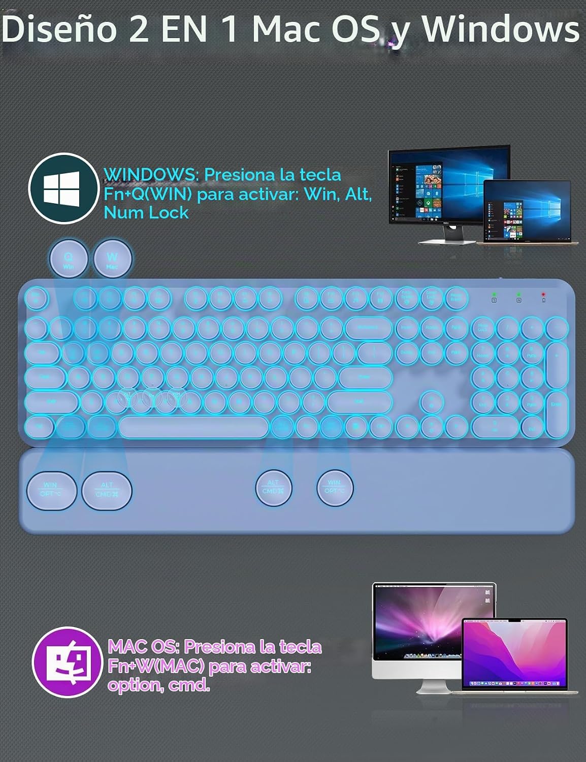 Teclado inalámbrico y mouse retroiluminados, teclado de máquina de...