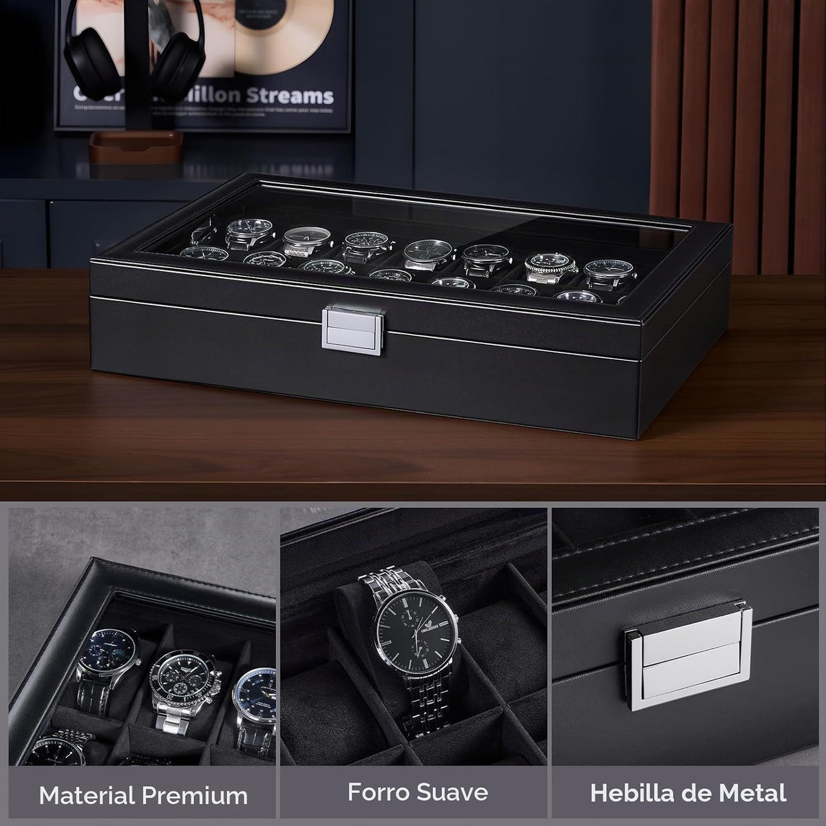 ProCase Caja de reloj para hombre, vitrina de 24 ranuras con tapa d...