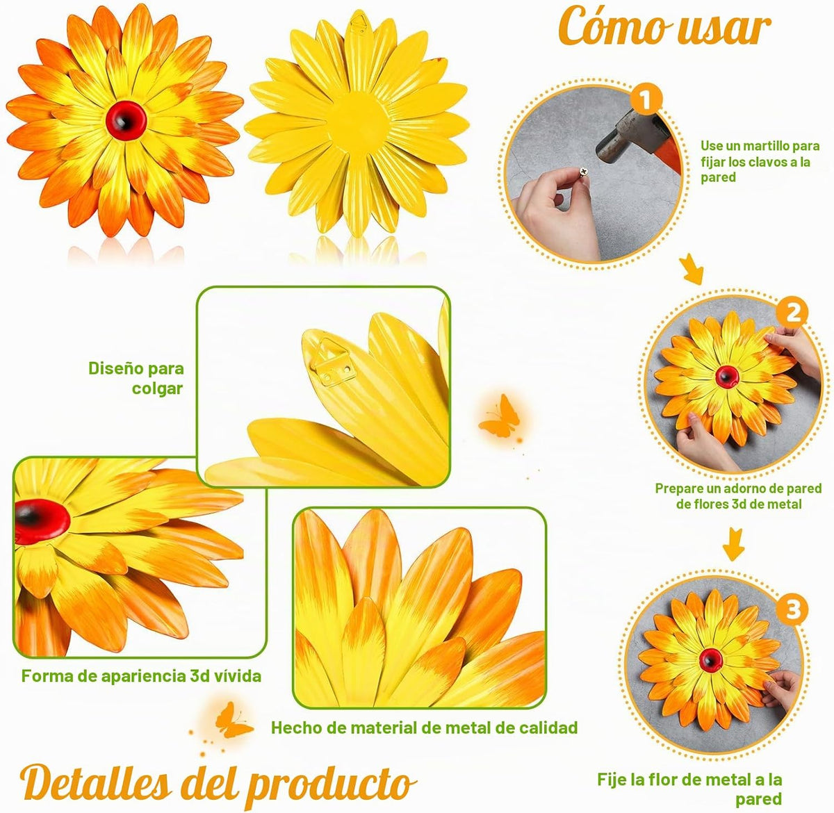 Gisafai Paquete de 10 decoraciones de pared de metal con flores par...