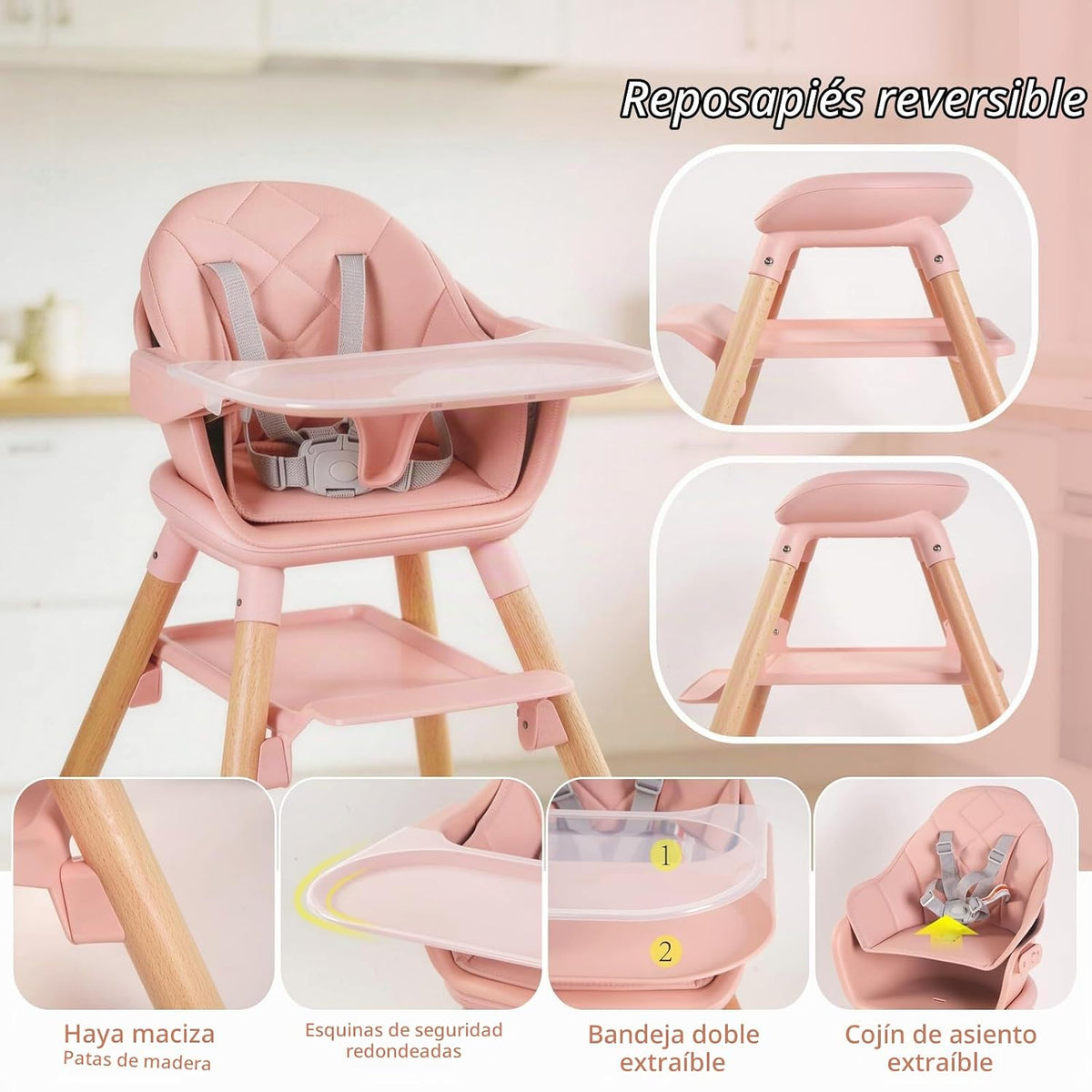 Silla alta 6 en 1 para bebé, sillas altas convertibles de madera pa...