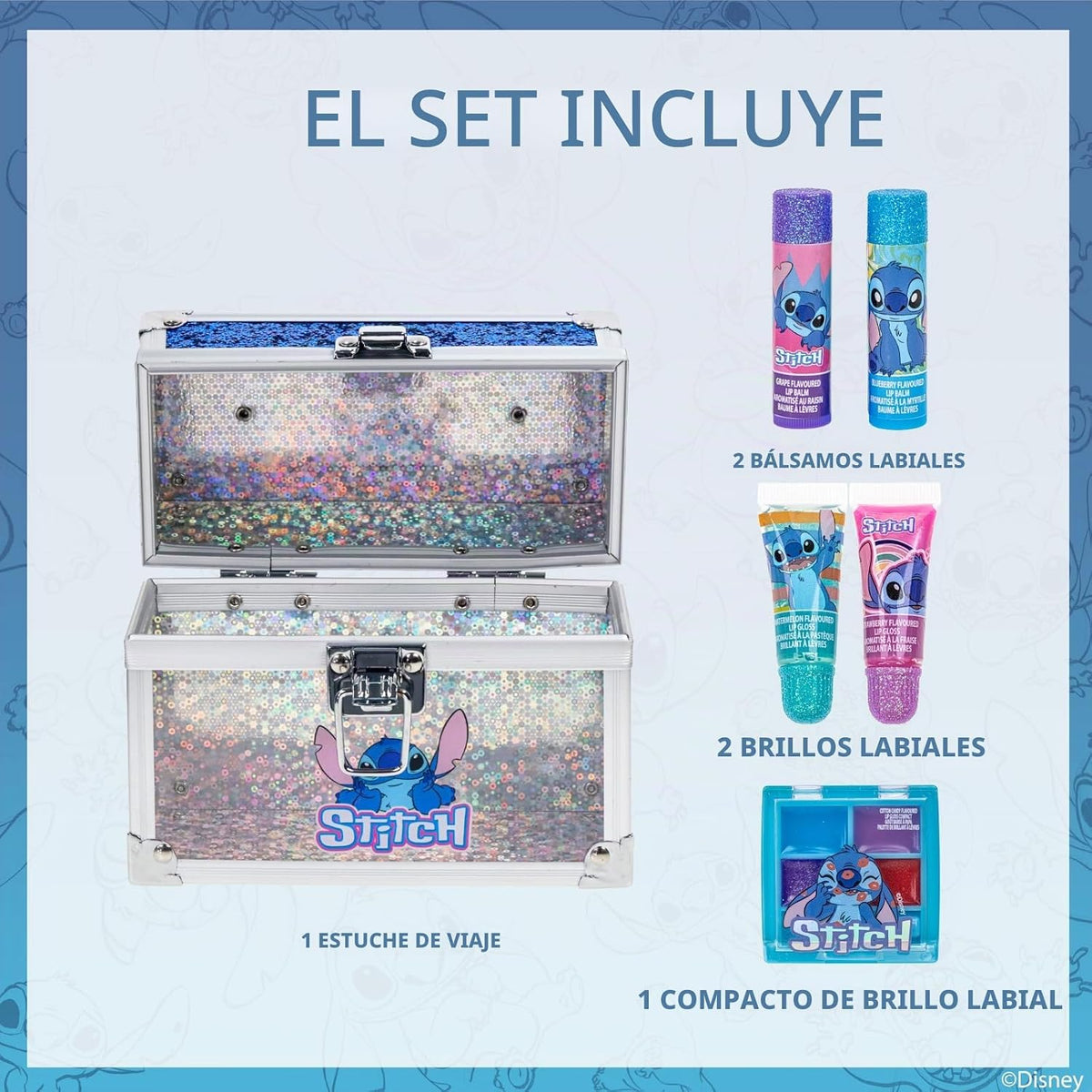 Disney Stitch Beauty Mini Train Case Set incluye tubo de brillo de...