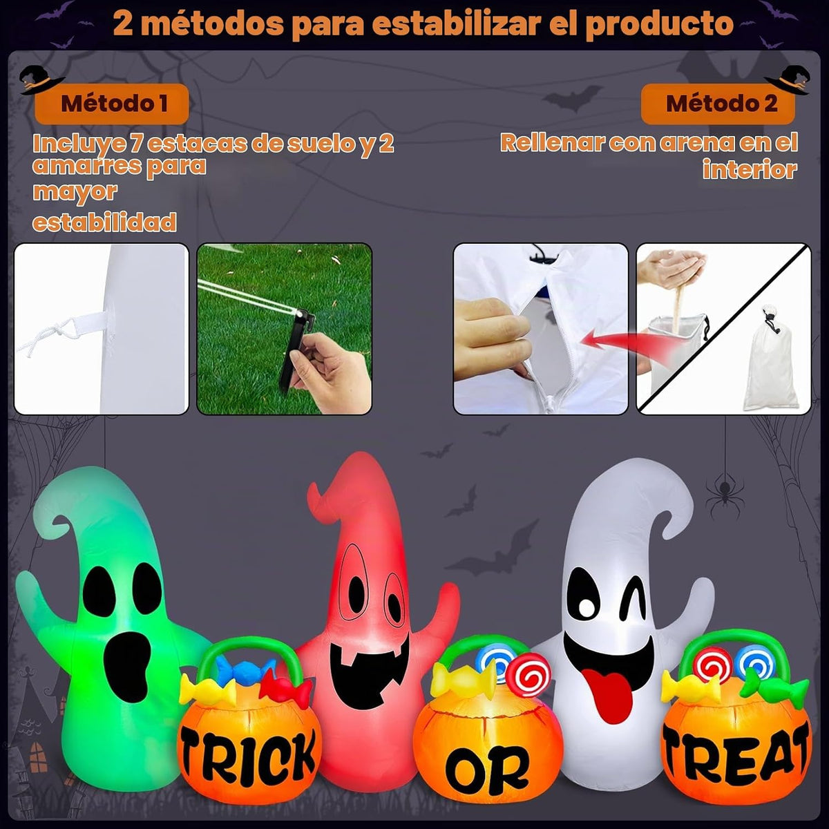 3 fantasmas inflables de Halloween de 8 pies de largo con decoració...