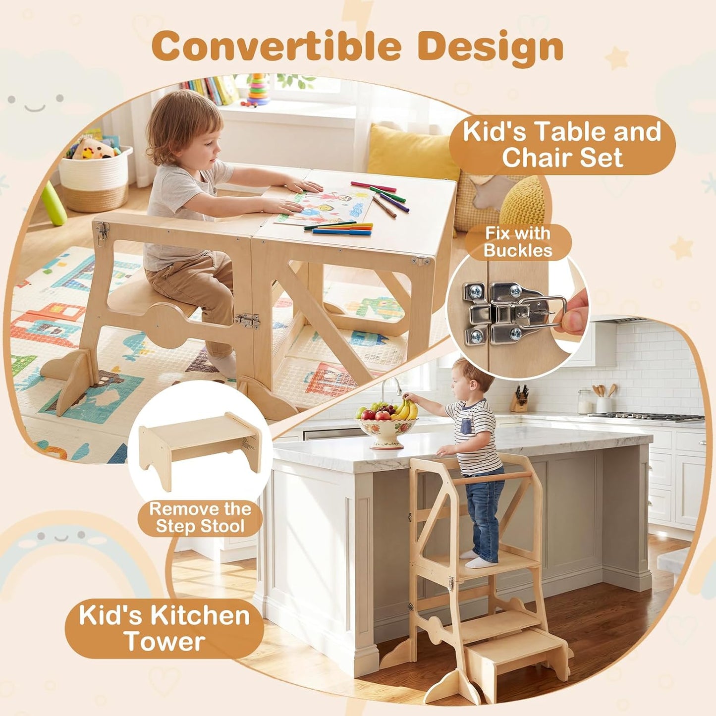 Costzon Torre convertible para niños, mesa y silla de madera para n...