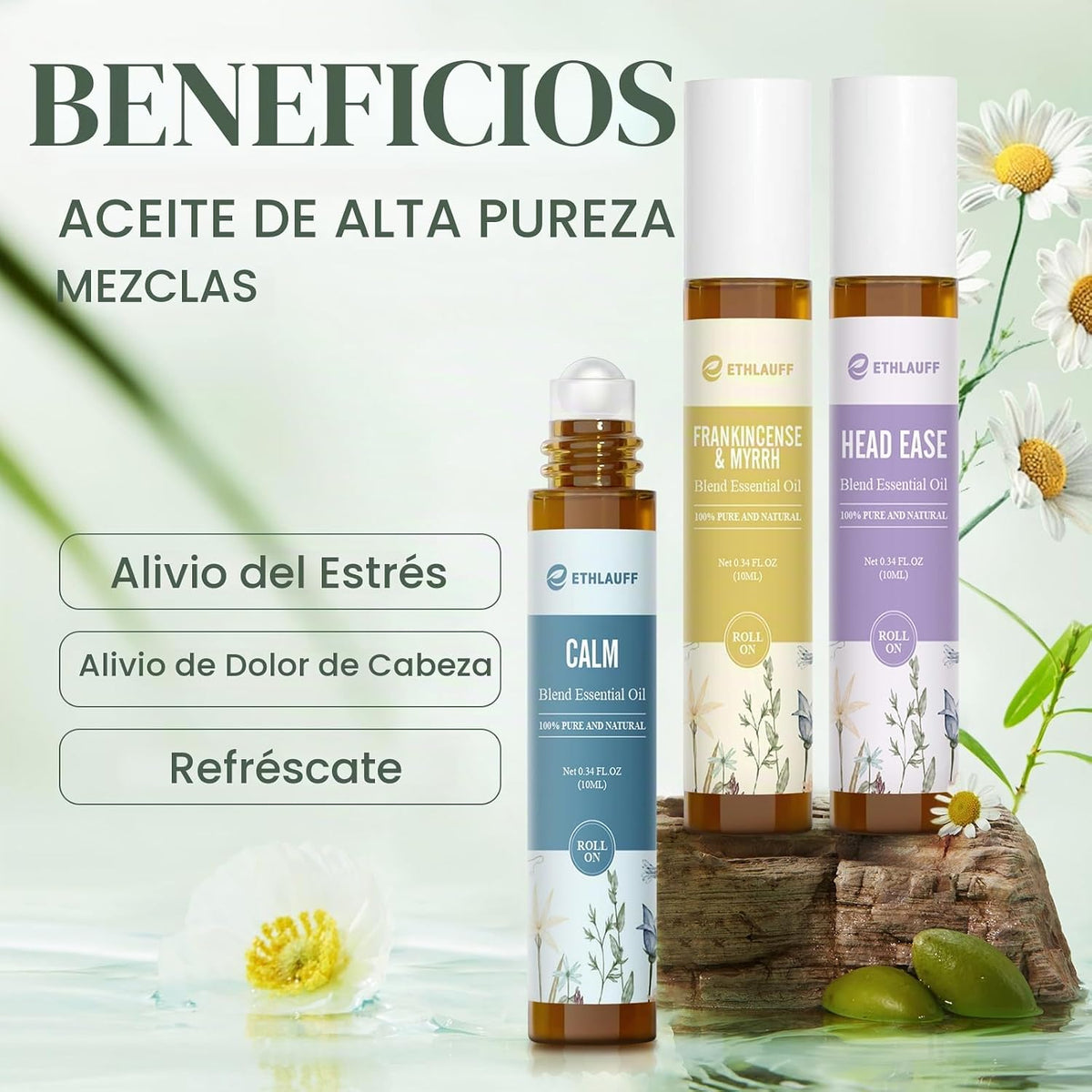 Ethlauff Juego de aceite esencial roll-on (calma, renovación, sueño...