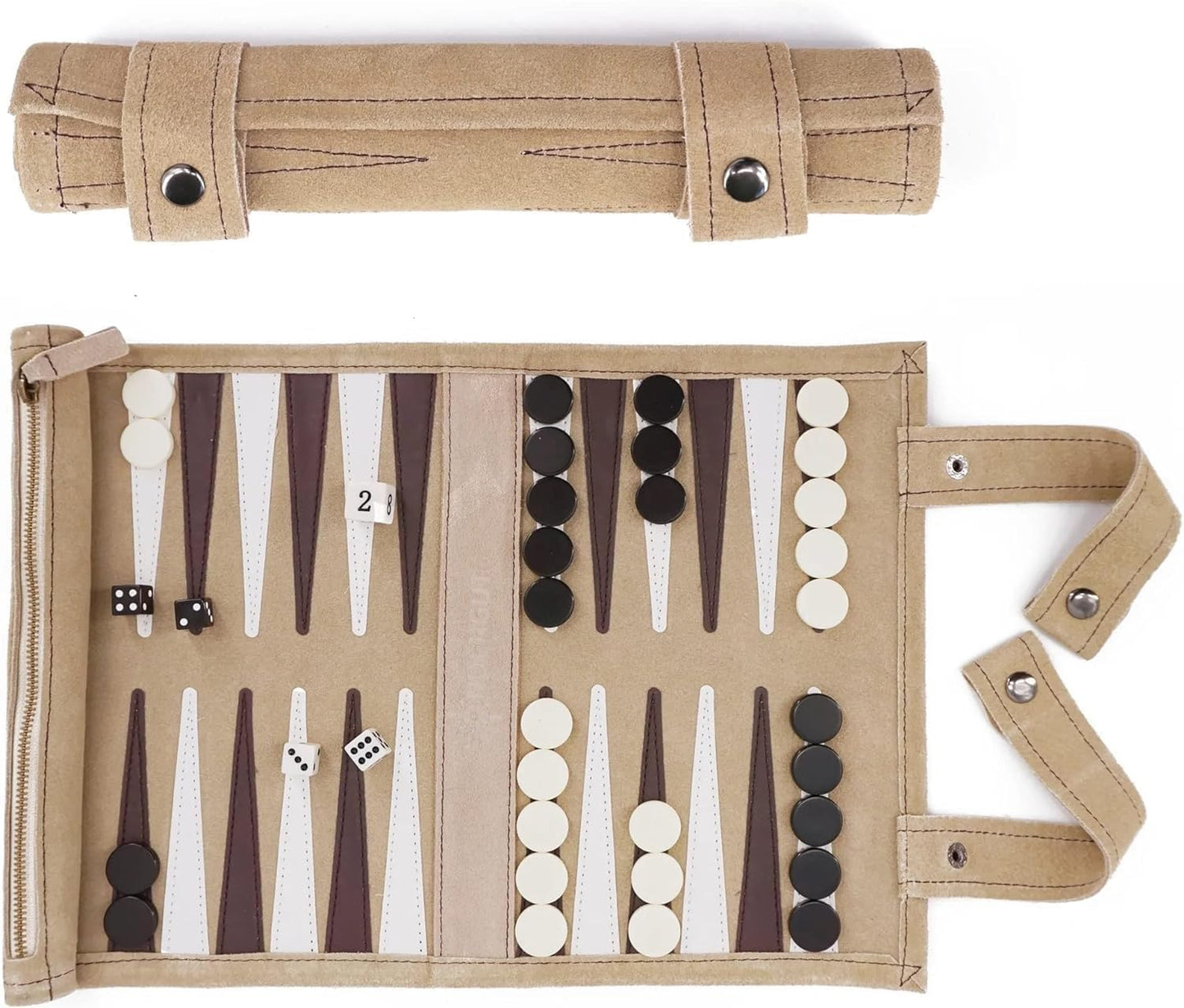 Juego de backgammon de viaje de cuero genuino crema